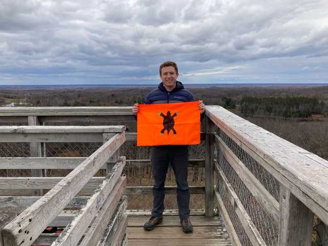 Wooden Timms Hill observation tower under gray skies