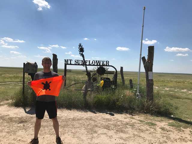 Metal sunflower sculpture on the Mount Sunflower prairie