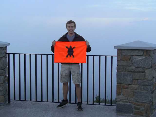 Railing of the Mount Mitchell summit platform on a hazy day